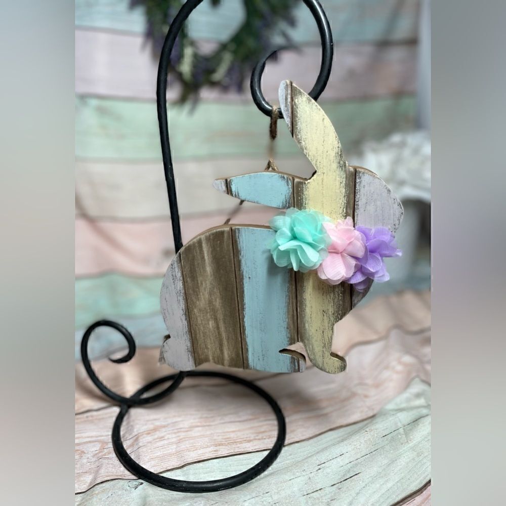 NEW! Pastel Sitting Easter Bunny Wood Wall Decoration Holiday Spring Dec…
